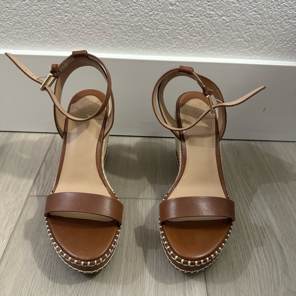 Lauren Ralph Lauren Hilarie Burnished Leather Espadrille Wedge Sandals NEW  8